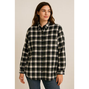 VTG Womens LL Bean Navy Scotch Plaid Flannel Relaxed Fit Button Up Shirt 1X